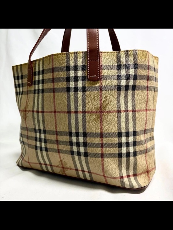 Burberry Handbags - Burberry Beige Check Tote with Brown Leather Handles